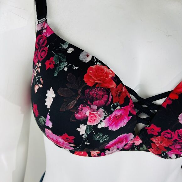 New Torrid Womans Sz 40DDD Push Up Plunge Bra Floral Underwire Black Pink NWT - Picture 8 of 11